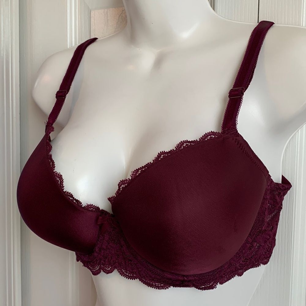 Victoria’s Secret Dream Angels Lined Demi Lace Trim Bra 36D wine